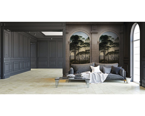 Intérieur lumineux et spacieux avec panneaux muraux, canapé et fresque murale