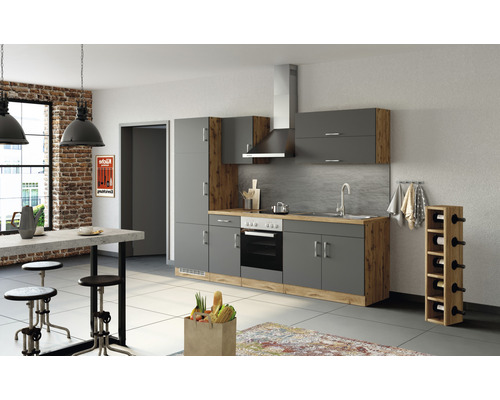 Moderne Küche mit grauen Schränken, Holzdetails und Esstisch