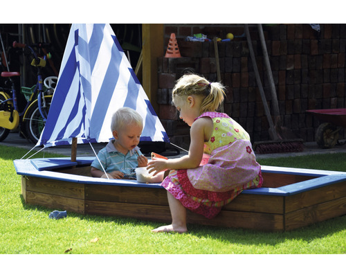 Deux enfants jouent dans un bac à sable en forme de bateau avec une voile.