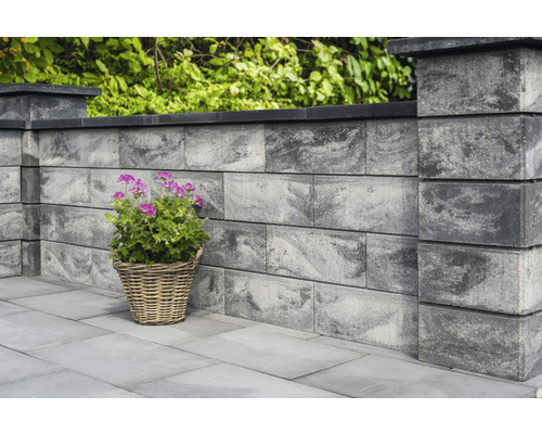 Mur en blocs de béton avec plante dans un panier