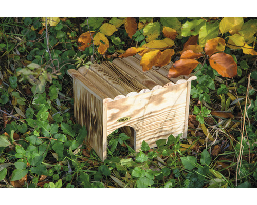 Maison à hérissons en bois dans le jardin parmi les plantes