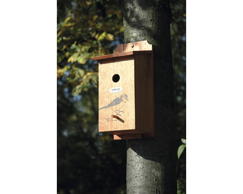 Holz-Nistkasten für Vögel an Baum befestigt