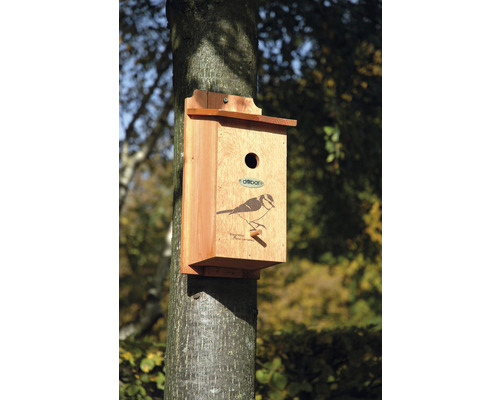 Vogelhaus aus Holz mit Vogelsilhouette am Baum befestigt
