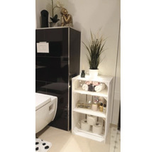 Salle de bain avec toilettes et étagère de rangement blanche en caisses de bois