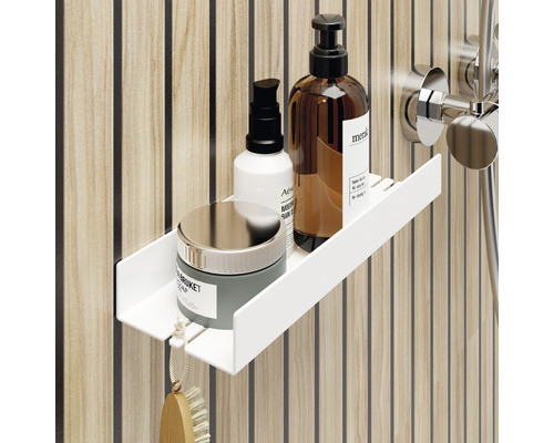 Duschablage mit Kosmetikprodukten im Badezimmer