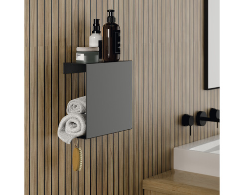 Badezimmerregal mit Handtüchern, Hautpflegeprodukten und Holzwand