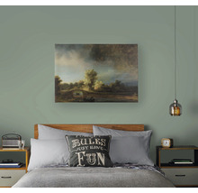 Schlafzimmer mit Bett, Nachttischen, Lampe und Landschaftsgemälde