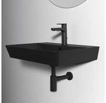 Schwarzes Waschbecken mit Armatur und Siphon an der Wand montiert