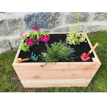 Jardinière en bois avec plantes et outils de jardinage