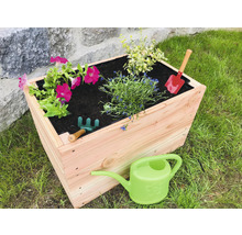Jardinière en bois avec fleurs, arrosoir et outils de jardinage dans le jardin