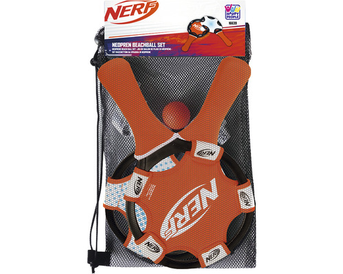 Set de beachball Nerf avec raquettes en néoprène et balle dans un sac de transport en filet