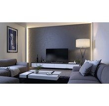 Wohnzimmer mit Sofa, Couchtisch, Fernseher und Stehlampe