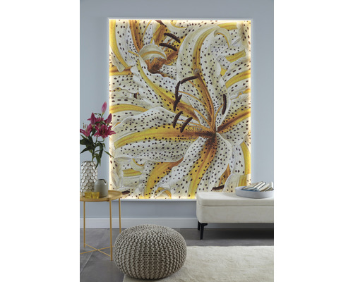 Image murale décorative avec motif floral dans un salon aménagé de façon moderne.