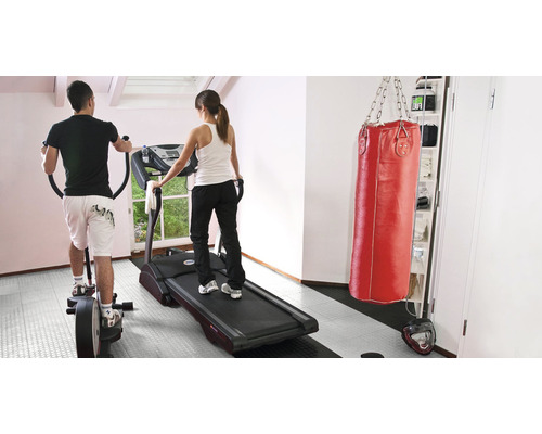 Fitnessraum mit Laufband, Crosstrainer und Boxsack für das Training zu Hause