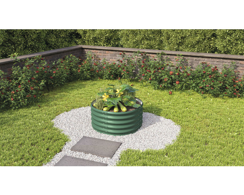 Jardinière surélevée classique Vitavia Vita 401 ronde 82,1 x 82,1 x 40,1 cm jonc de mer Jardinière surélevée en métal avec courgettes dans le jardin