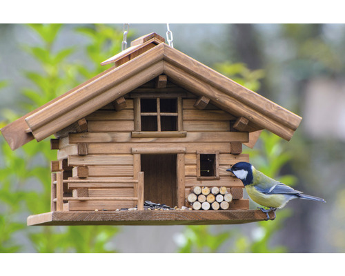 Vogelhaus im Blockhausstil mit Meise