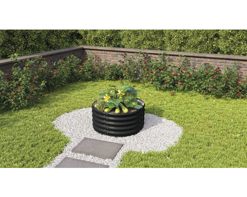 Jardinière surélevée classique Vitavia Vita 401 ronde 82,1 x 82,1 x 40,1 cm noir Jardinière surélevée en métal dans un jardin avec des plants de courgettes