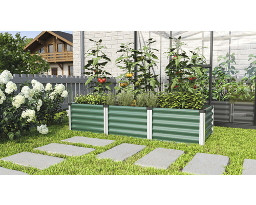 Jardinière surélevée classique Vitavia Linus In&Out 401 S 65 x 185 x 40,1 cm jonc de mer-aluminium Jardinière surélevée avec plants de tomates et herbes aromatiques dans le jardin