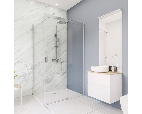 Panneau mural pour douche BREUER décor marbre 100 x 210 cm Salle de bains avec cabine de douche, lavabo et miroir pour une ambiance claire et organisée.
