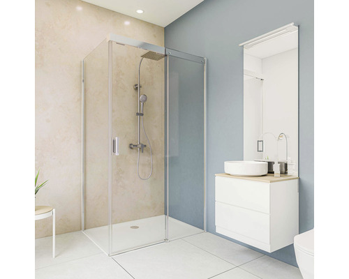 Duschrückwand BREUER Dekor Sandstein 100 x 210 cm Modernes Badezimmer mit Duschkabine, Waschtisch und Spiegel