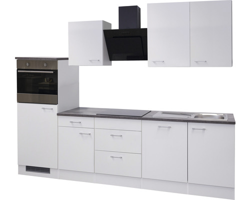 Komplette Küche mit Spüle, Herd, Backofen und Dunstabzugshaube