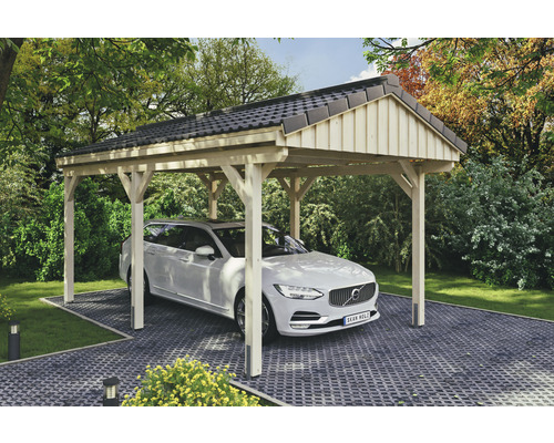 Carport simple SKAN Holz Fichtelberg 317 x 566 cm naturel Carport en bois avec voiture sur surface pavée