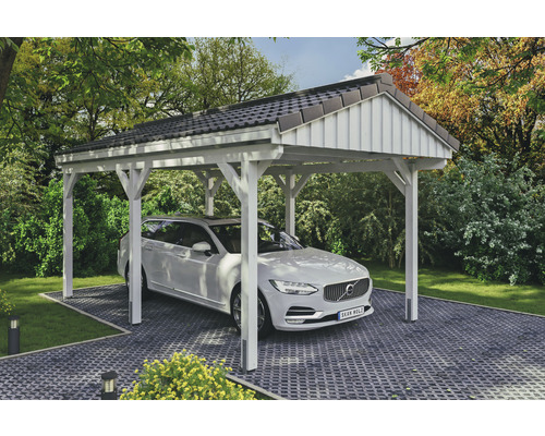 Carport simple SKAN Holz Fichtelberg 317 x 566 cm blanc Abri de voiture en bois avec voiture garée