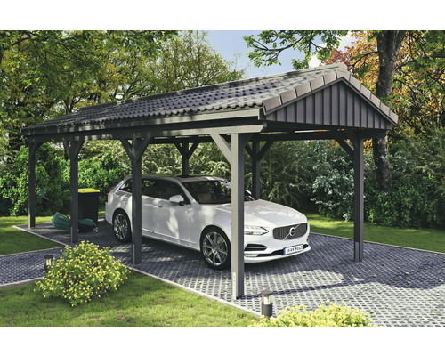 Carport simple SKAN Holz Fichtelberg 317 x 808 cm ardoise Abri voiture avec voiture et outils de jardinage