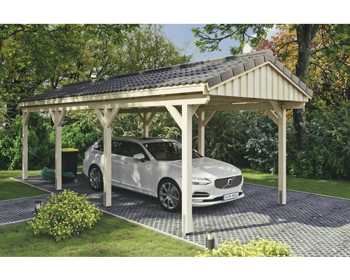 Carport simple SKAN Holz Fichtelberg 317 x 808 cm naturel Abri de voiture en bois avec voiture sur sol pavé