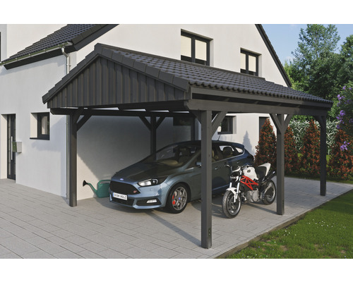 Carport simple SKAN Holz Fichtelberg 423 x 566 cm ardoise Carport en bois avec voiture et moto