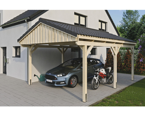 Carport simple SKAN Holz Fichtelberg 423 x 566 cm naturel Carport en bois avec voiture et moto
