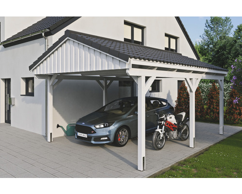 Carport simple SKAN Holz Fichtelberg 423 x 566 cm blanc Abri de voiture en bois avec voiture et moto