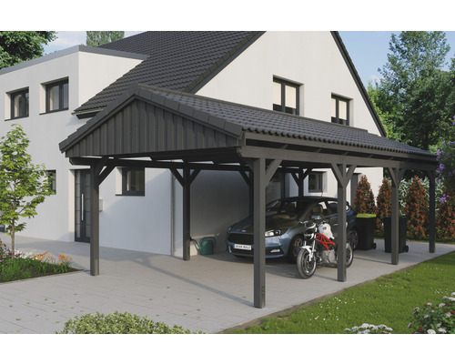 Carport simple SKAN Holz Fichtelberg 423 x 808 cm ardoise Carport en bois avec deux places de stationnement à côté d''une maison