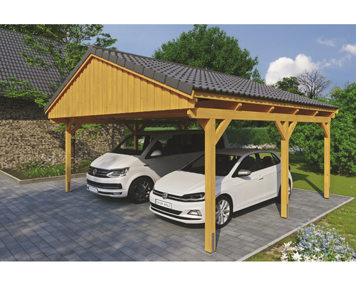 Carport double SKAN Holz Fichtelberg 618 x 566 cm chêne clair Double carport en bois avec deux voitures