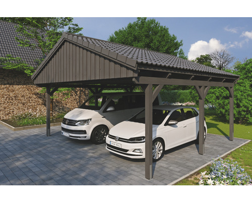 Carport double SKAN Holz Fichtelberg 618 x 566 cm ardoise Double carport en bois avec deux voitures garées