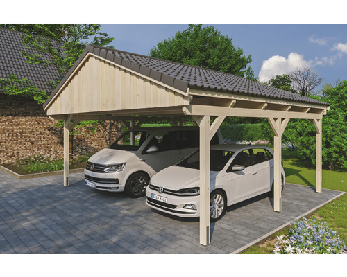 Carport double SKAN Holz Fichtelberg 618 x 566 cm naturel Abri double en bois avec deux voitures garées