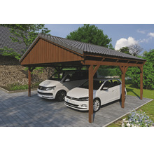 Double abri de voiture en bois avec deux voitures garées