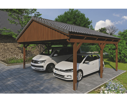 Carport double SKAN Holz Fichtelberg 618 x 566 cm noyer