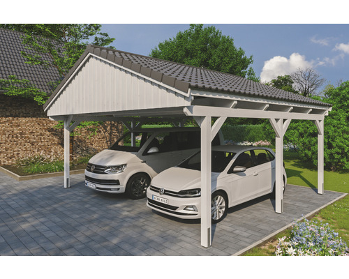 Carport double SKAN Holz Fichtelberg 618 x 566 cm blanc Double carport en bois avec deux voitures garées