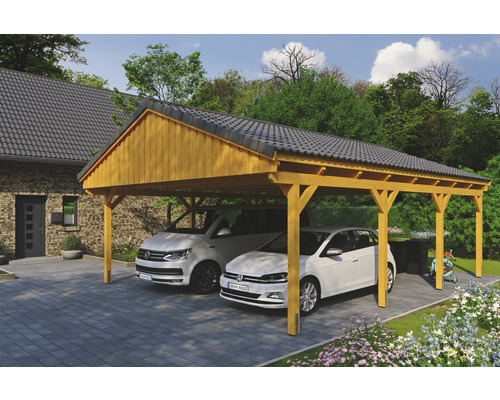 Carport double SKAN Holz Fichtelberg 618 x 808 cm chêne clair Double abri de voiture en bois avec deux voitures en dessous