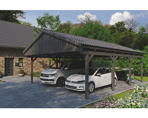 Carport double SKAN Holz Fichtelberg 618 x 808 cm ardoise Double abri de voiture en bois avec deux voitures garées