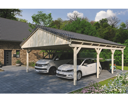Carport double SKAN Holz Fichtelberg 618 x 808 cm naturel Double carport en bois avec deux voitures garées