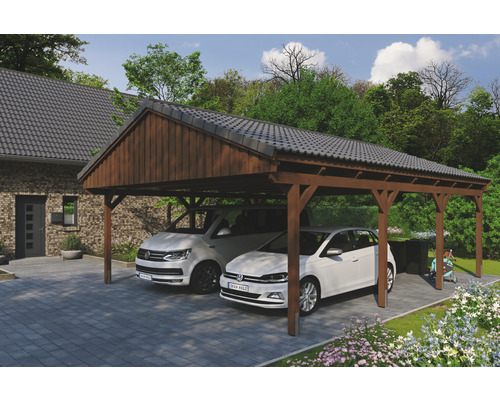 Carport double SKAN Holz Fichtelberg 618 x 808 cm noyer Double abri de voiture en bois avec deux voitures