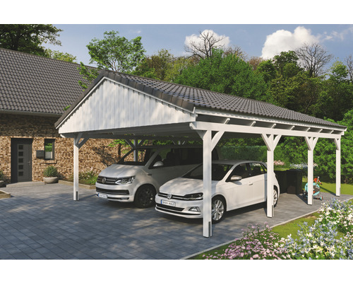 Carport double SKAN Holz Fichtelberg 618 x 808 cm blanc Double carport en bois avec deux voitures garées