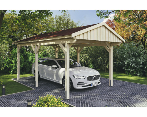 Carport simple SKAN Holz Fichtelberg avec bardeaux rouge 317 x 566 cm naturel