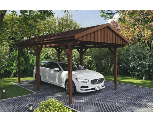 Carport simple SKAN Holz Fichtelberg avec bardeaux rouge 317 x 566 cm noyer