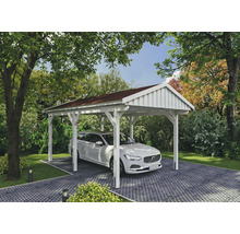 Carport simple SKAN Holz Fichtelberg avec bardeaux rouge 317 x 566 cm blanc