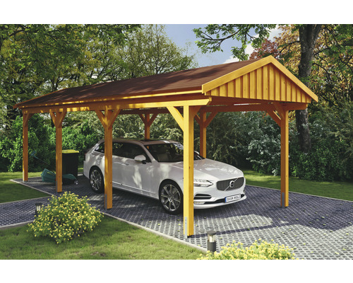 Einzelcarport SKAN Holz Fichtelberg inkl. Dachschindeln rot 317 x 808 cm Eiche hell