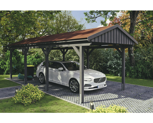 Carport simple SKAN Holz Fichtelberg avec bardeaux rouge 317 x 808 cm ardoise