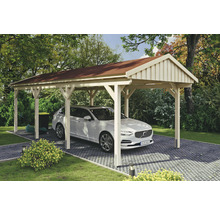 Carport simple SKAN Holz Fichtelberg avec bardeaux rouge 317 x 808 cm naturel